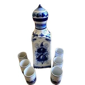 RARE! GZHEL *1.5 Liter Decanter w 6* 3.25 In. Shot Glasses ,  2 Artists 1994*